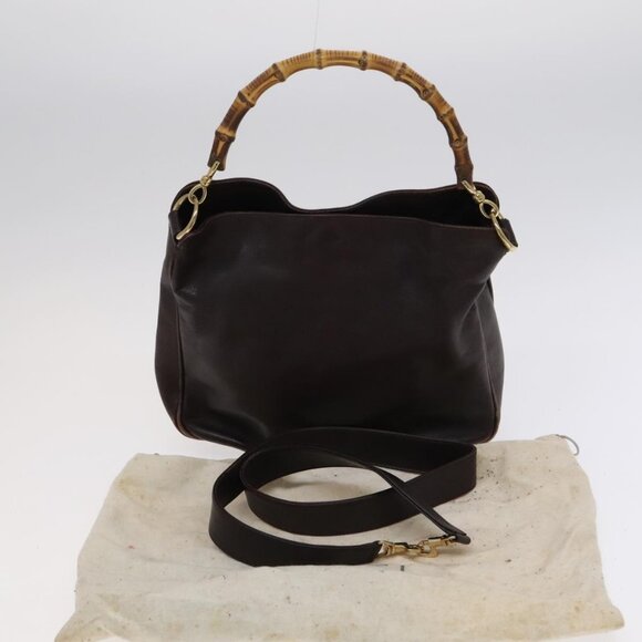 GUCCI Bamboo Hand Bag Leather 2way Brown Gold 001 1705 1638 Auth th5638 - Picture 1 of 16